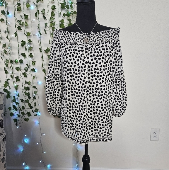 NWT Max Studio Chiffon Heart Print Smocked Off the Shoulder Puff Sleeve Blouse - Picture 1 of 11